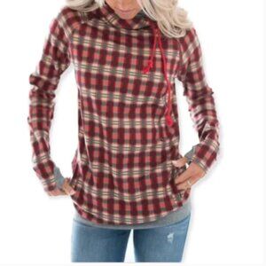 Ampersand Avenue Gray/Red Plaid Double Hood Hoodie Knit Sweatshirt